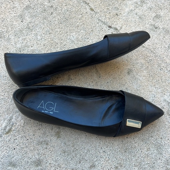 AGL Women's Black Leather Pointy Toe Flats with Silver Detail Size 42 / 12 - Picture 8 of 12